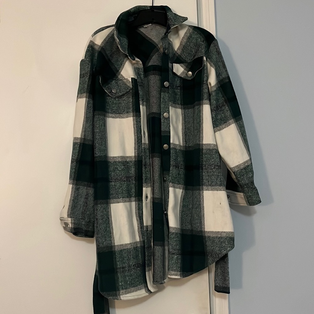 white and green plaid jacket